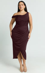 Aidia Midi Dress - Off Shoulder Draped Corset Dress in Burgundy