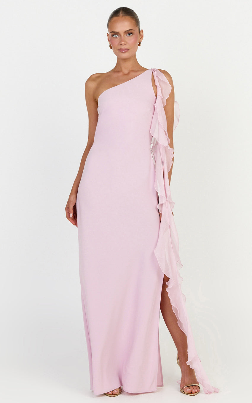 Alani Maxi Dress - Backless One Shoulder Flounce Detail Dress in Pink