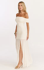 Alanna Maxi Dress - Off Shoulder Ruched Mesh Dress in Cream
