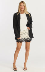 Alba Mini Skirt - Lace Trim Skirt in White/Black Polka