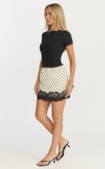 Alba Mini Skirt - Lace Trim Skirt in White/Black Polka