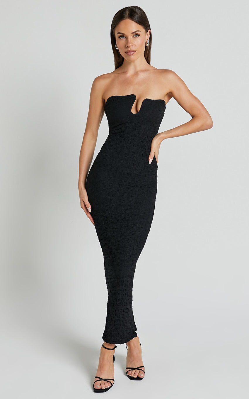 Alberta Midi Dress- Strapless bust detail textured dress in Black