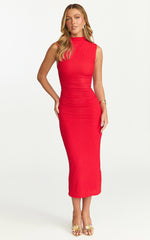 Aleks Midi Dress - High Neck Bodycon Dress in Red