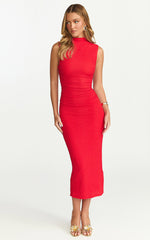 Aleks Midi Dress - High Neck Bodycon Dress in Red