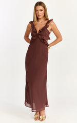 Alessa Midi Dress - V Neck Frill Detail Empire Waist Back Cut Out Dress in Brown