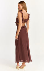 Alessa Midi Dress - V Neck Frill Detail Empire Waist Back Cut Out Dress in Brown