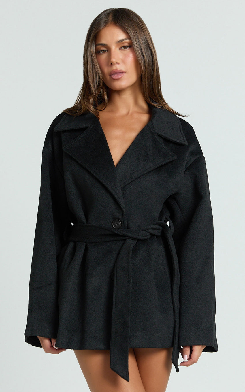 Alessandra Coat - Single Breasted Belted Short Wool Like Coat in Black