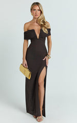 Alessia Maxi Dress - Off Shoulder Ruched Bodycon Dress in Chocolate
