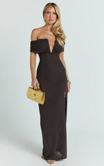 Alessia Maxi Dress - Off Shoulder Ruched Bodycon Dress in Chocolate