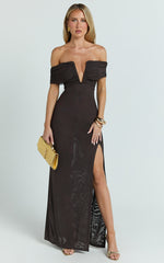 Alessia Maxi Dress - Off Shoulder Ruched Bodycon Dress in Chocolate