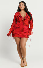 Alesya Mini Dress - Ruffle Plunge Neck Long Sleeve Tie Detail Dress in Abstract Adeana Print