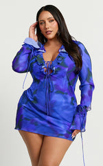Alesya Mini Dress - Ruffle Plunge Neck Long Sleeve Tie Detail Dress in Blue Abstract