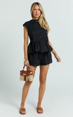 Alina Two Piece Set - Ruched Detail Top and Short Pants Set in Black