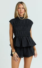 Alina Two Piece Set - Ruched Detail Top and Short Pants Set in Black