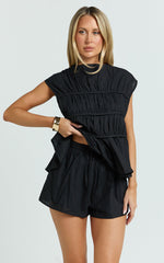 Alina Two Piece Set - Ruched Detail Top and Short Pants Set in Black