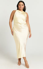 Aluna Midi Dress - High Neck Cross Back Satin Slip Dress in Lemon