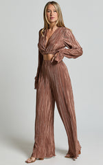 Aluna Two Piece Set - Plisse Twist Front Crop Top and Wide Leg Pants Set in Chocolate