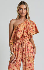 Amalie The Label - Aiko Linen Look Blend One Shoulder Frill Top in Valencia Print