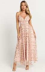 Amalie The Label - Lou V Neck Embroidered Tulle Midi Dress in Blush