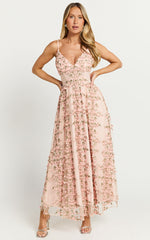 Amalie The Label - Lou V Neck Embroidered Tulle Midi Dress in Blush