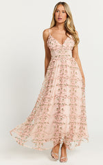Amalie The Label - Lou V Neck Embroidered Tulle Midi Dress in Blush