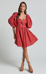 Amalie The Label - Penelopia Linen Look Blend Puff Sleeve Twist Bodice Mini Dress in Vermilion