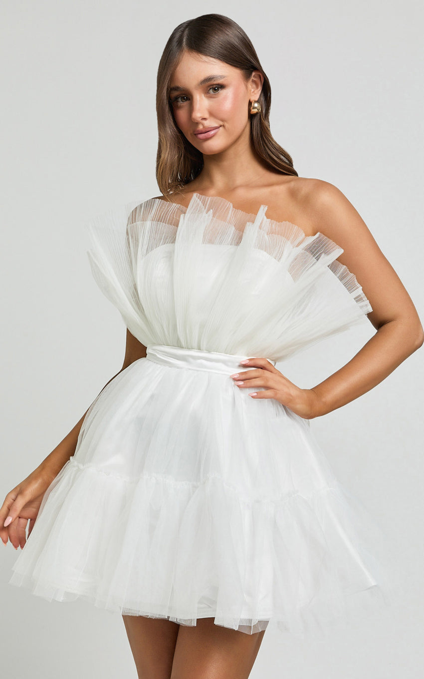 Amalya Mini Dress - Tiered Tulle Fit and Flare Dress in White