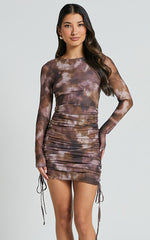Amira Mini Dress - Ruched Mesh Dress in Rustic Haze Print