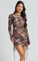Amira Mini Dress - Ruched Mesh Dress in Rustic Haze Print