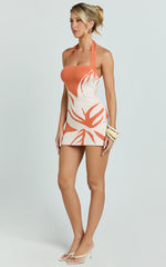Amy Mini Dress - Knit Straight Halter Neck Bodycon Dress in Orange Intarsia Print