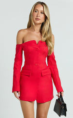 Anabelle Mini Dress - Tailored Off Shoulder Dress in Red