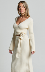 Andreia Midi Dress - Knitted Wrap Long Sleeve Dress in Cream