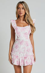 Anisha Mini Dress - Flutter Sleeve Straight Neck With Tie Back Dress in Pink and White Floral Print