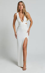 Anjie Midi Dress - Plunge Neck Cross Back Cut Out Dress in White