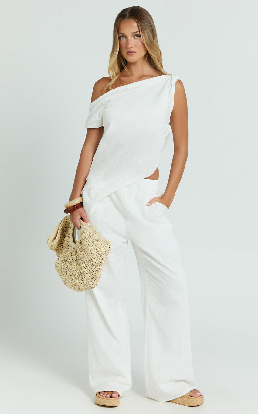 Annalie Two Piece Top and Pants Set - Off Shoulder Linen Set in White