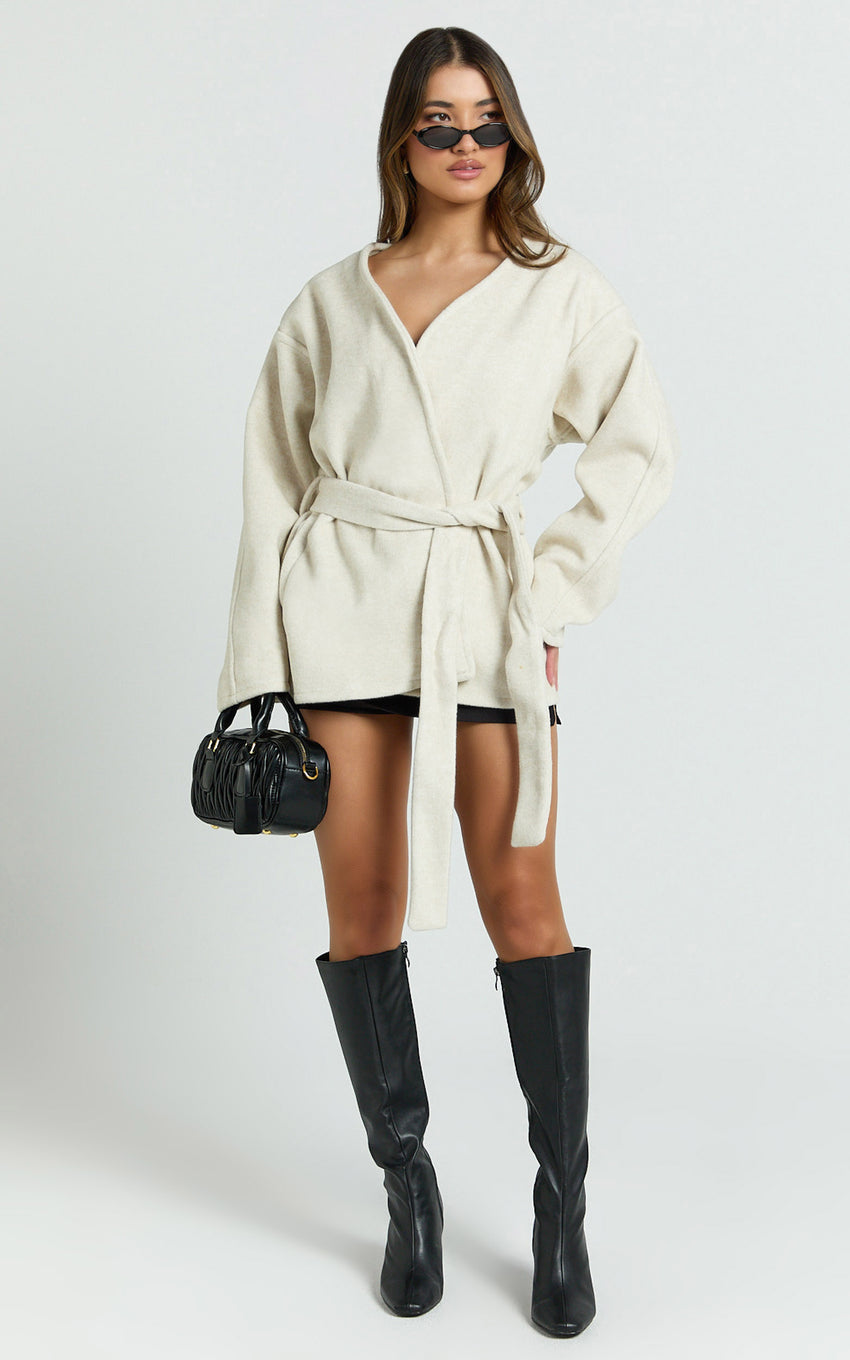 Annalise Jacket - Collarless Tie Waist Wool Look Jacket in Cream
