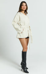 Annalise Jacket - Collarless Tie Waist Wool Look Jacket in Cream