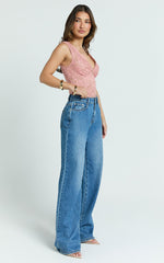 Antonia Top - V Neck Lace Detail Top in Pink