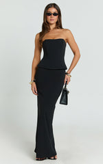 Anya Two Piece Top and Skirt Set - Strapless Fit And Flare Top And Maxi Skirt in Black