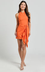 Aoife Mini Linen Blend Dress - Sleeveless Scoop Neck Wrap Dress in Orange