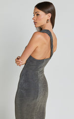 Arietty Midi Dress - One Shoulder Asymmetrical Ruched Dress in Olive
