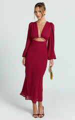 Artola Midi Dress - Front Cut Out Long Sleeve Dress in Wine