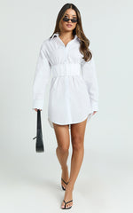Athena Mini Dress - Collared Button Front Corset Waist Workwear Shirt Dress in White in White