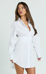 Athena Mini Dress - Collared Button Front Corset Waist Workwear Shirt Dress in White in White