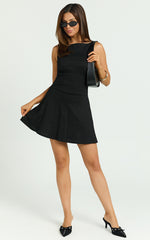 Attica Mini Dress - Straight Neck Fit And Flare Dress in Black