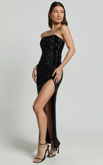 Ava Maxi Dress - Strapless High Split Sequin Dress in Black