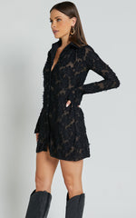 Ava Mini Dress - Long Sleeve Fitted Clipped Jacquard Dress in Black