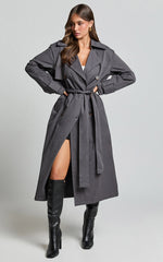 Avah Trench Coat - Double Breasted Tie Waist Coat in Charcoal