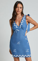 Aveda Mini Linen Blend Dress - Tie Strap Deep V Neck Shift Dress in Blue