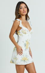 Azra Mini Dress - Georgette Frill Shoulder Sweetheart A Line Dress in Antique Florals